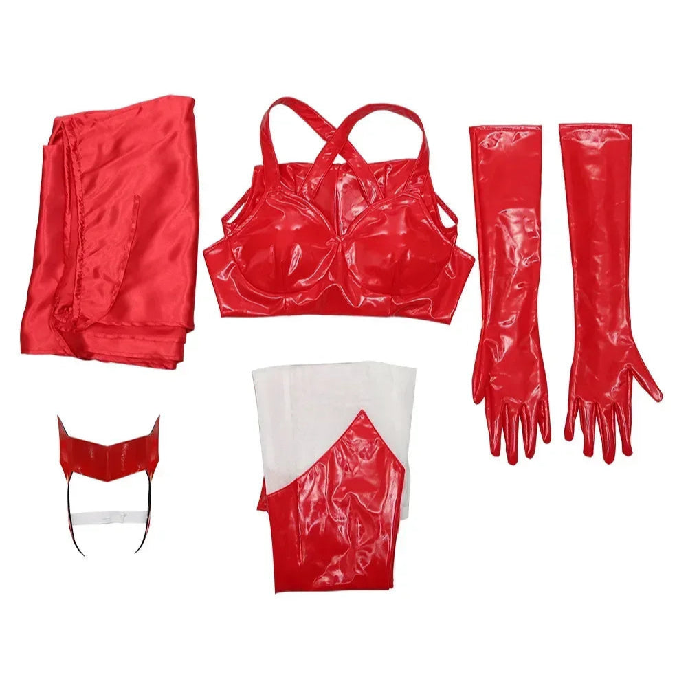 Red costume set including a top, pants, gloves, and headpiece on a white background