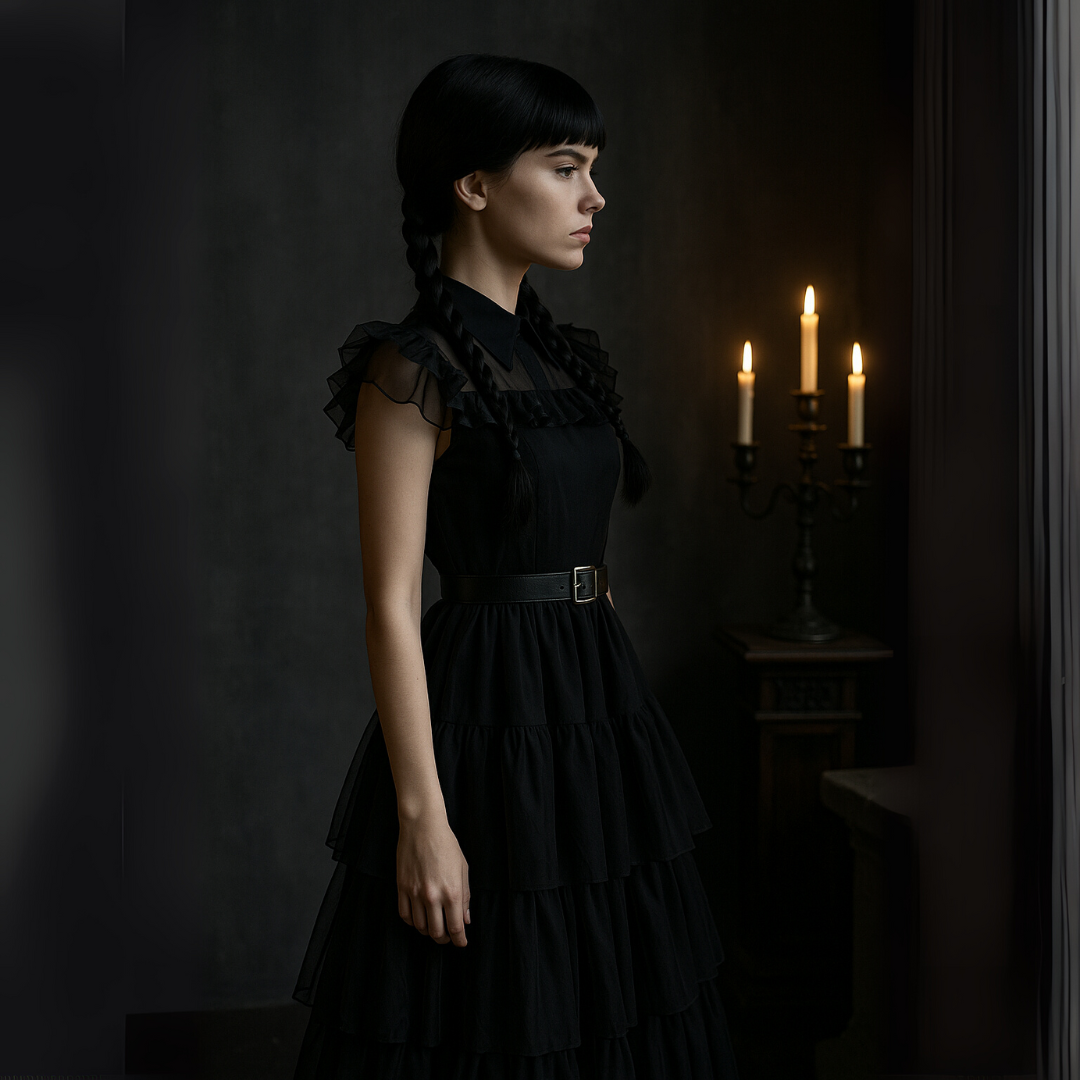 Woman in a black dress standing in a dimly lit room with candles.