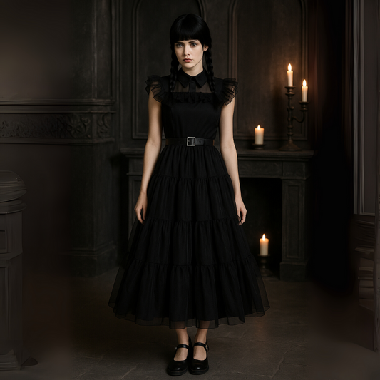 Woman in a black dress standing in a dark room with candles