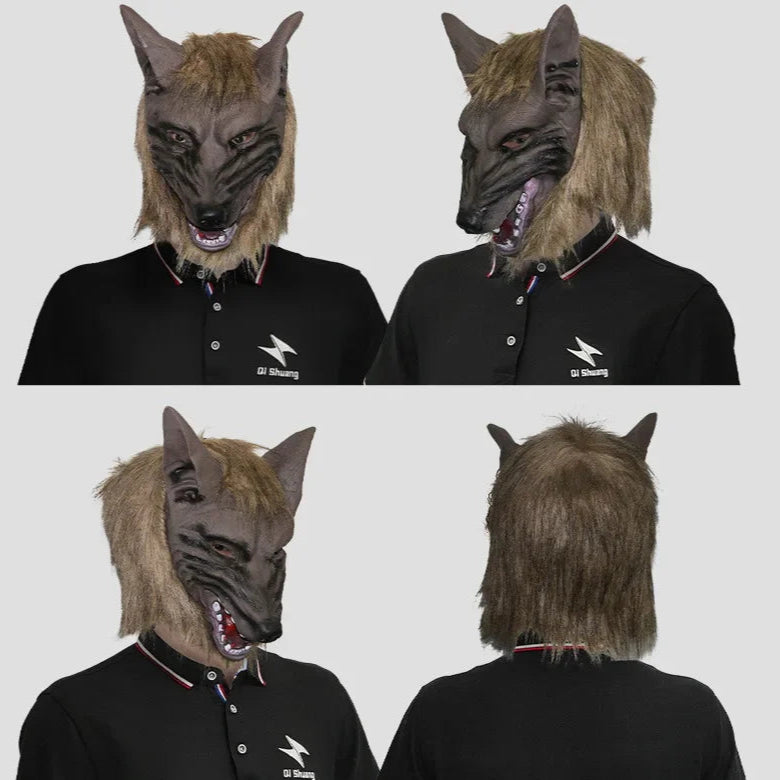 Person wearing a wolf mask from multiple angles on a plain background
