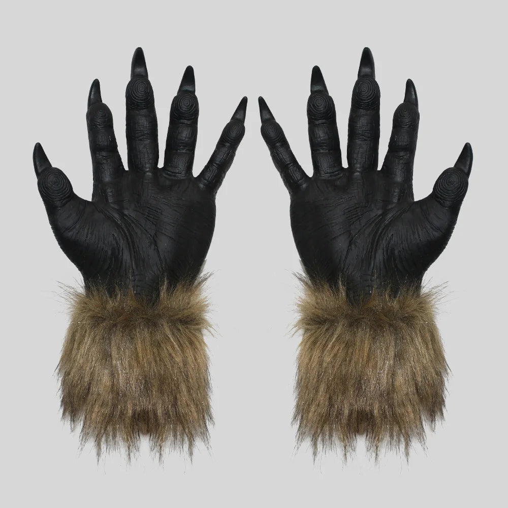 Pair of black gloves with furry cuffs on a light gray background