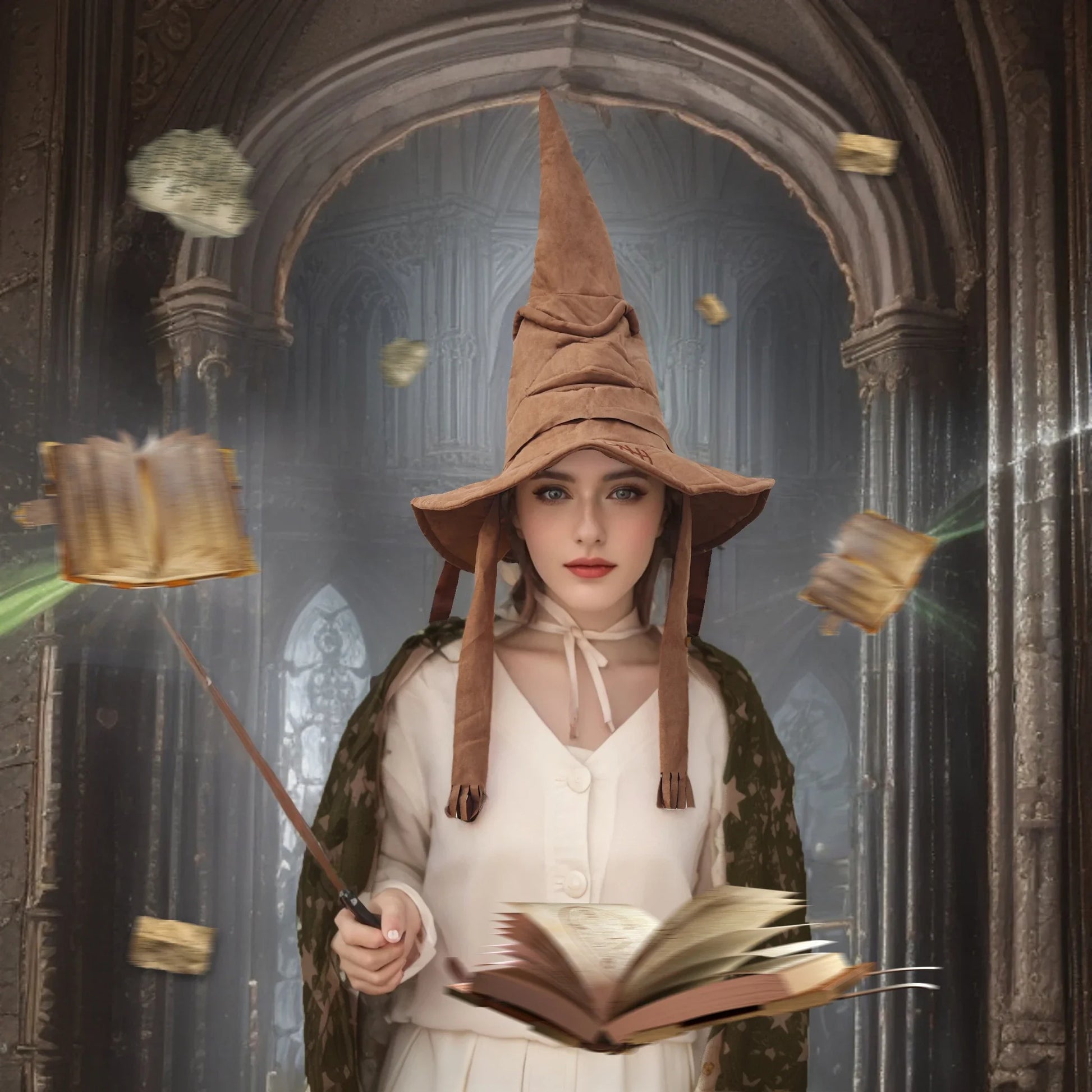 Person wearing a wizard hat with books and a broomstick in a fantasy setting