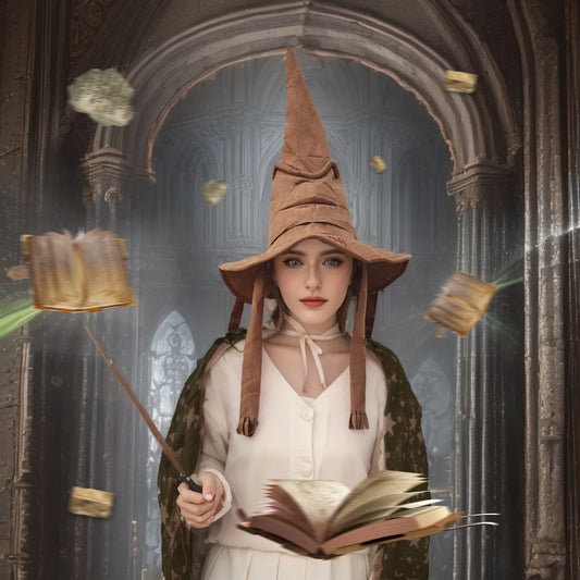 Person wearing a wizard hat with books and a broomstick in a fantasy setting