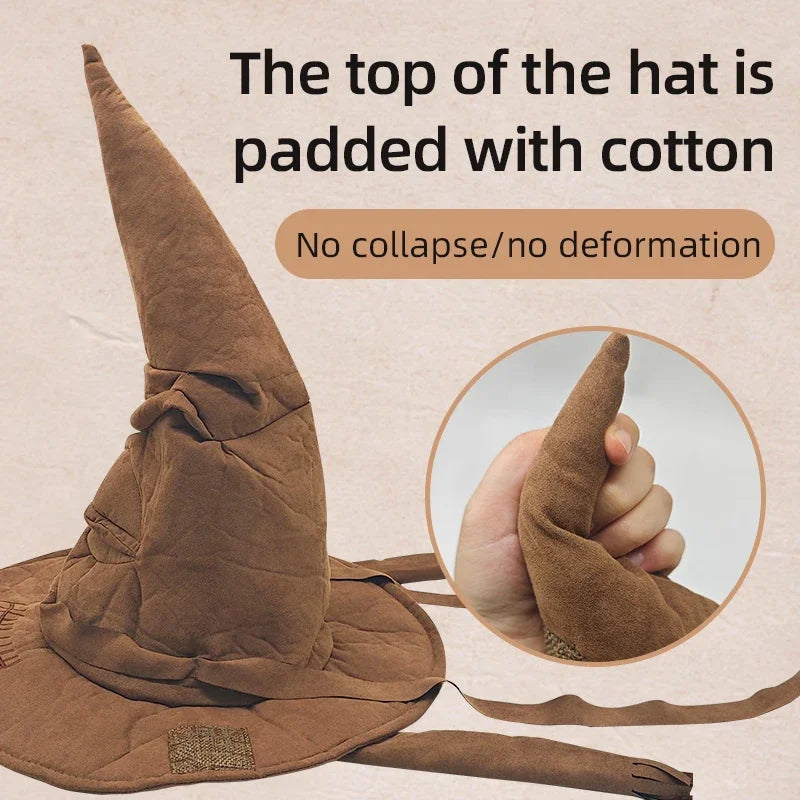 Brown pointed hat with text indicating padding and no deformation.
