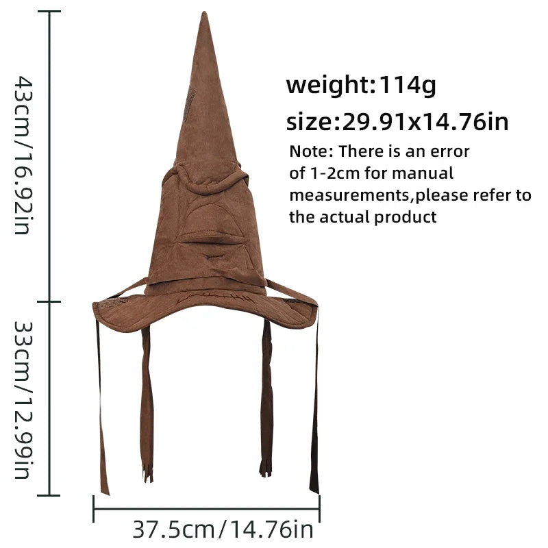 Brown wizard hat with measurements and weight information on a white background