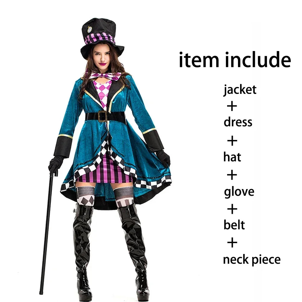 Costume set with jacket, dress, hat, gloves, belt, and neck piece on a white background.