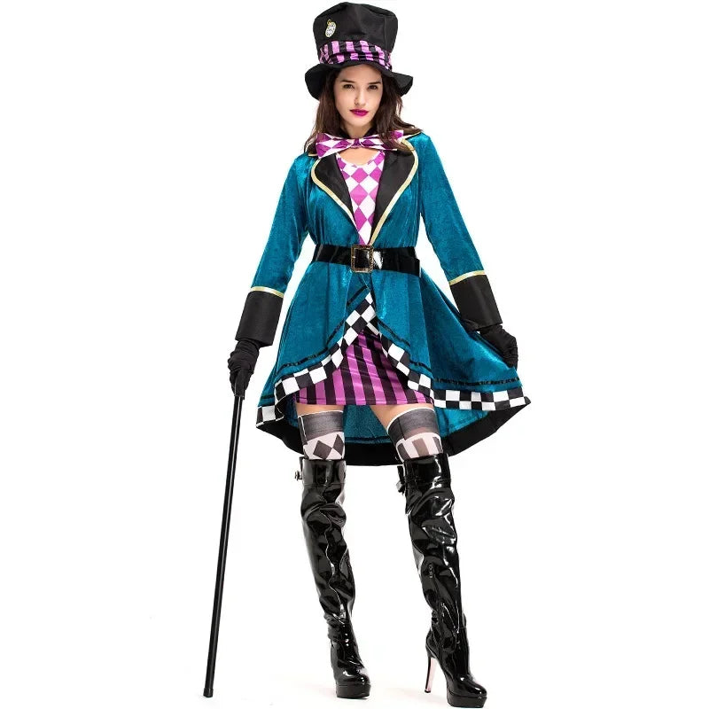 Person wearing a colorful costume with a blue coat, black hat, and checkered shoes on a white background