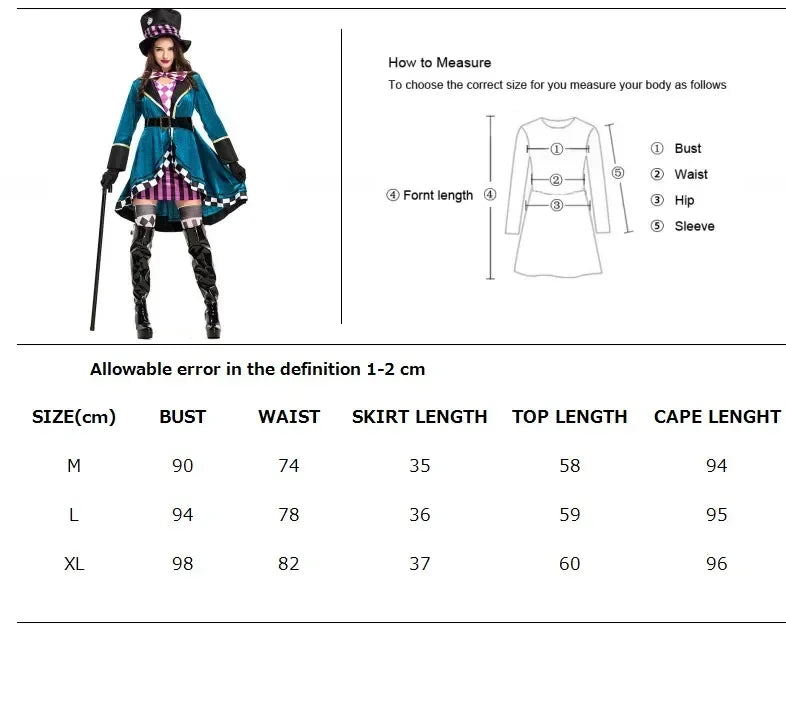 Measurement chart for a costume with a model wearing the costume on the left.
