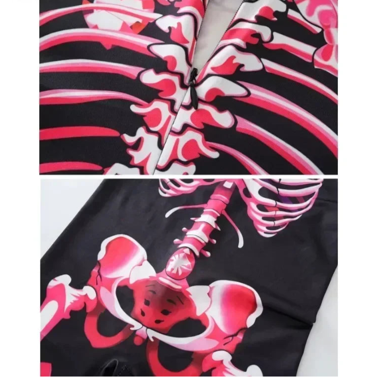 Pink and black skeleton design on a jacket with visible brand name.