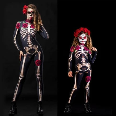 Women’s Skeleton Jumpsuit – Skull Print Halloween Bodysuit Costume