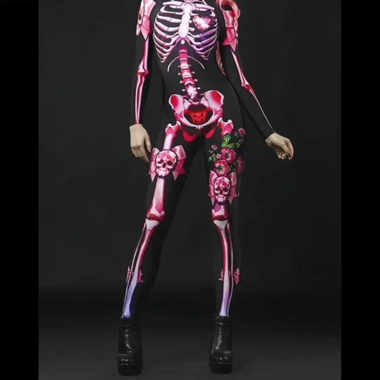 Skeleton-themed outfit with pink and black design on a black background