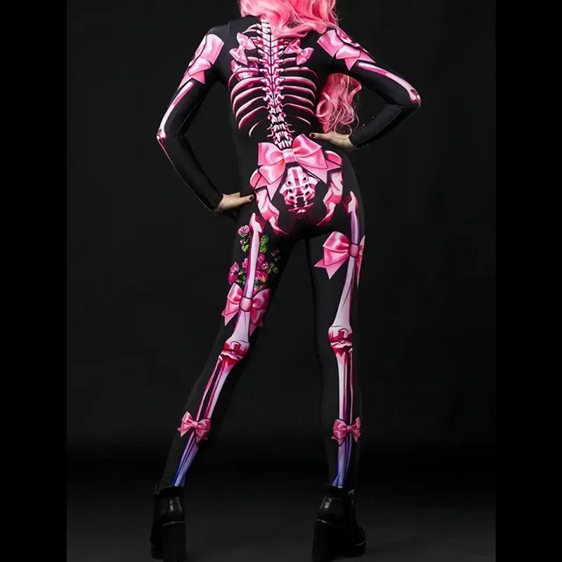 Pink skeleton costume with floral details on a black background