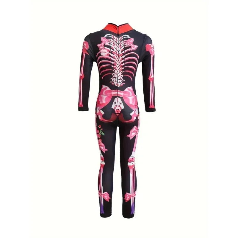 Black and pink skeleton-themed bodysuit on a white background